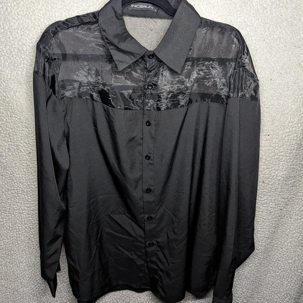 INCERUN Men Long Sleeve Mesh Button Down Shirt